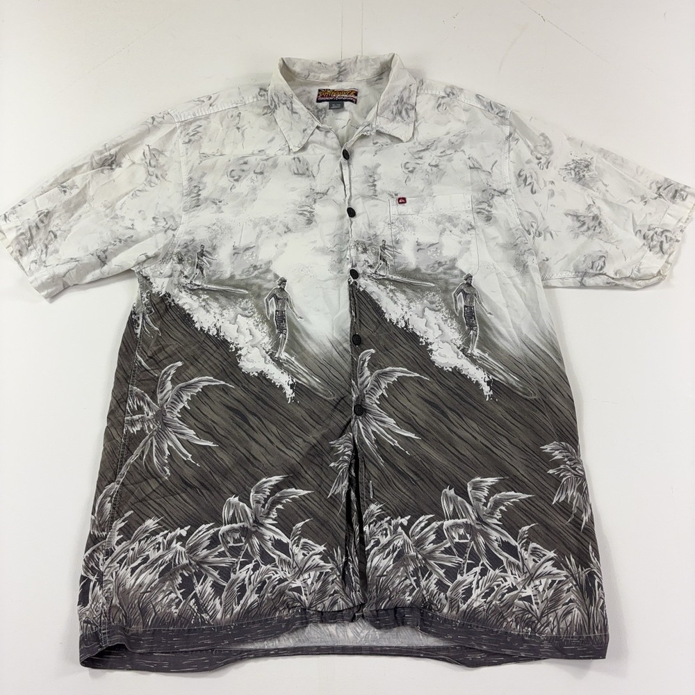 Quiksilver American Boarding Hawaiian Surf Shirt Gray Wave Print Mens XL Y2K